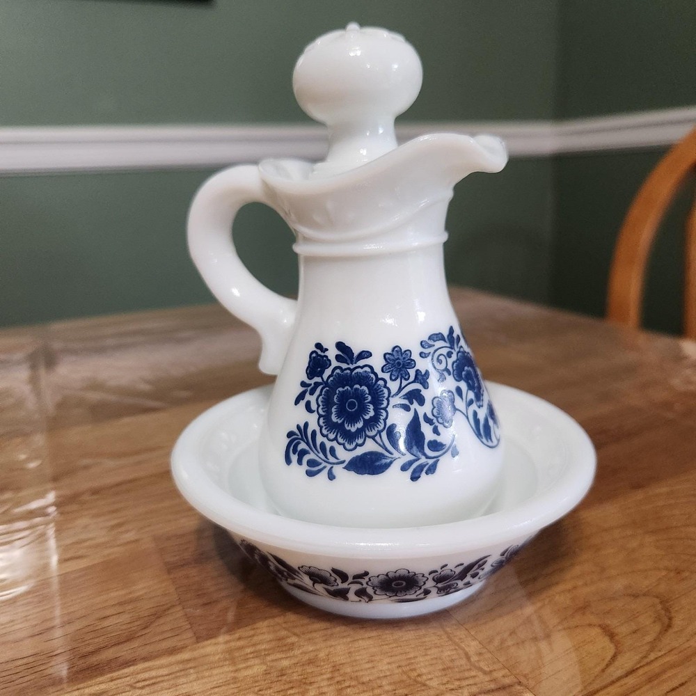 Vintage 1972 Avon Delft Blue Milk Glass Bath Oil Pitcher Country Chic Farmhouse